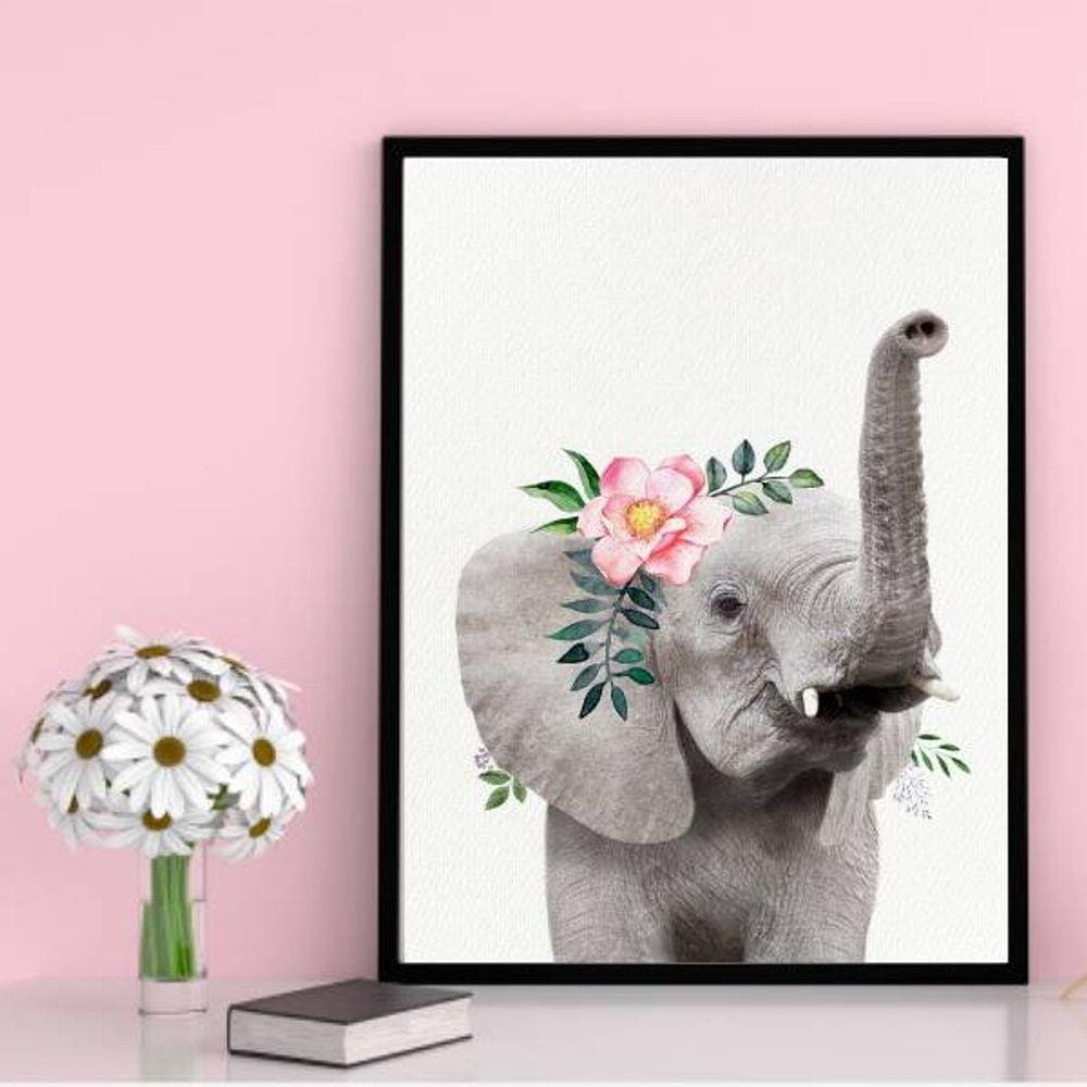 Quadro Decorativo Elefante Flores