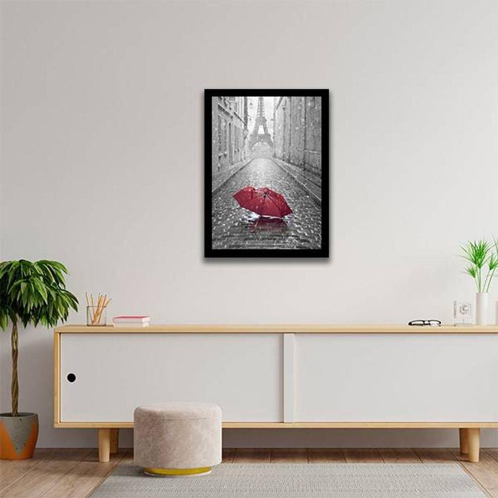 Quadro Decorativo Guarda Chuva Vermelho e Torre Eiffel