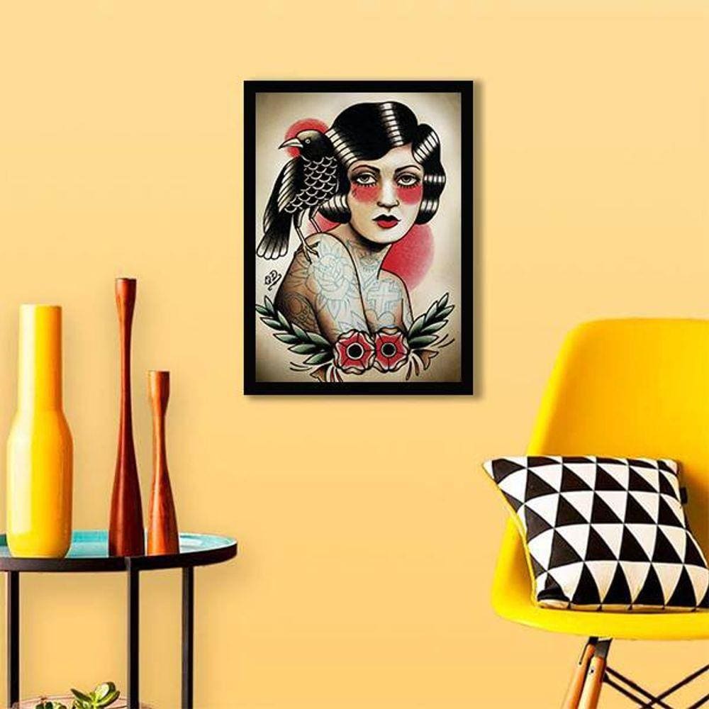 Quadro Decorativo Tatoo Style Mulher com Corvos