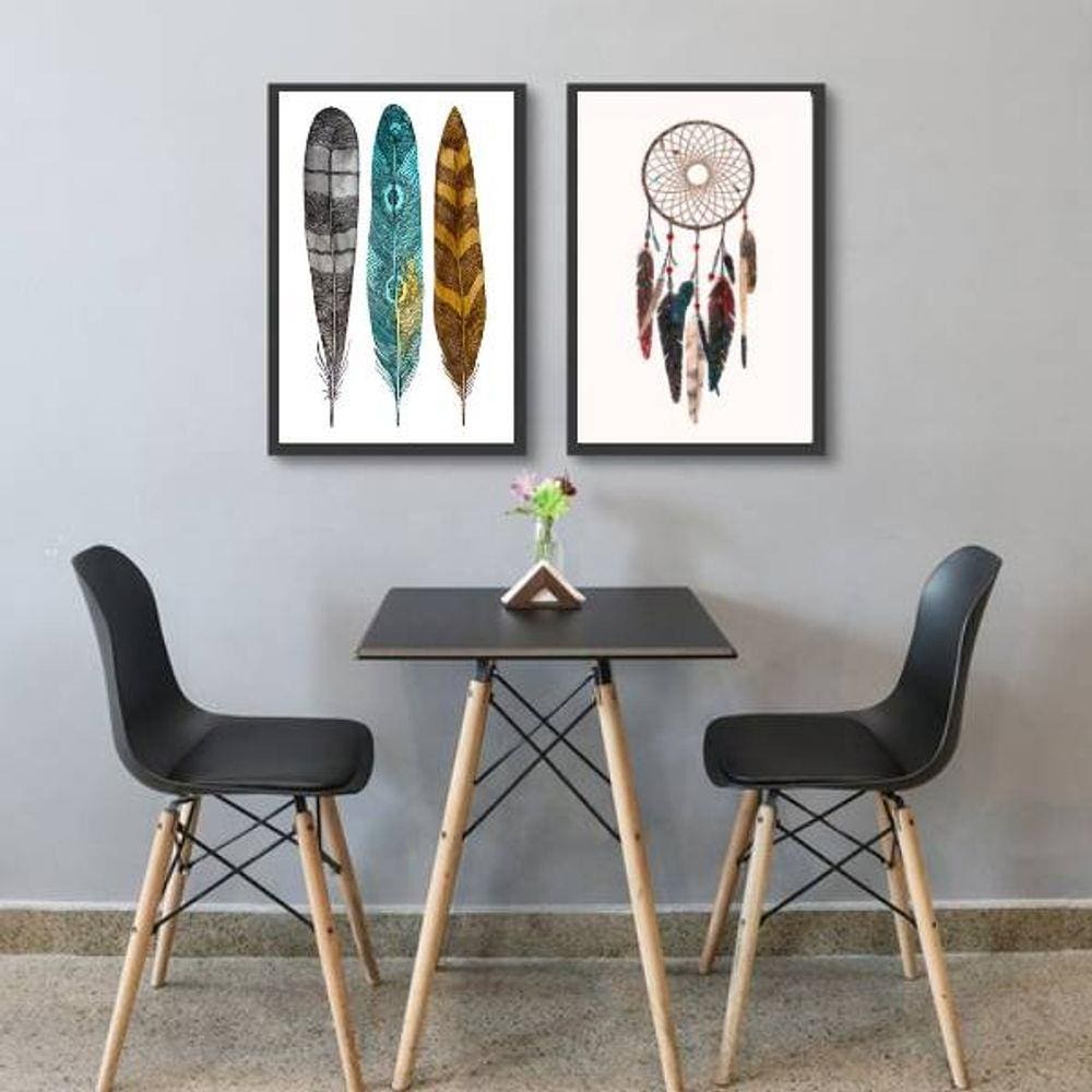 Kit 2 Quadros Decorativos Penas e Filtro dos Sonhos