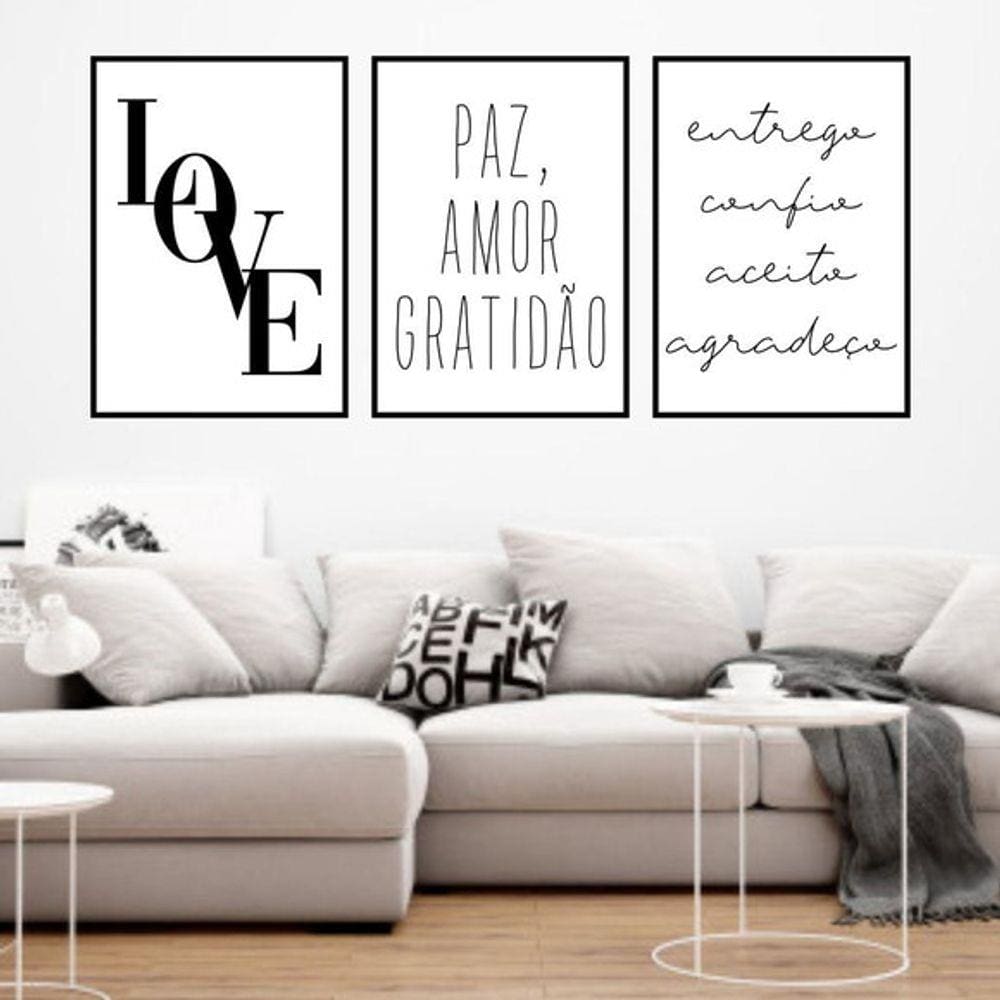 Kit 3 Quadros Decorativos Love Paz e Amor