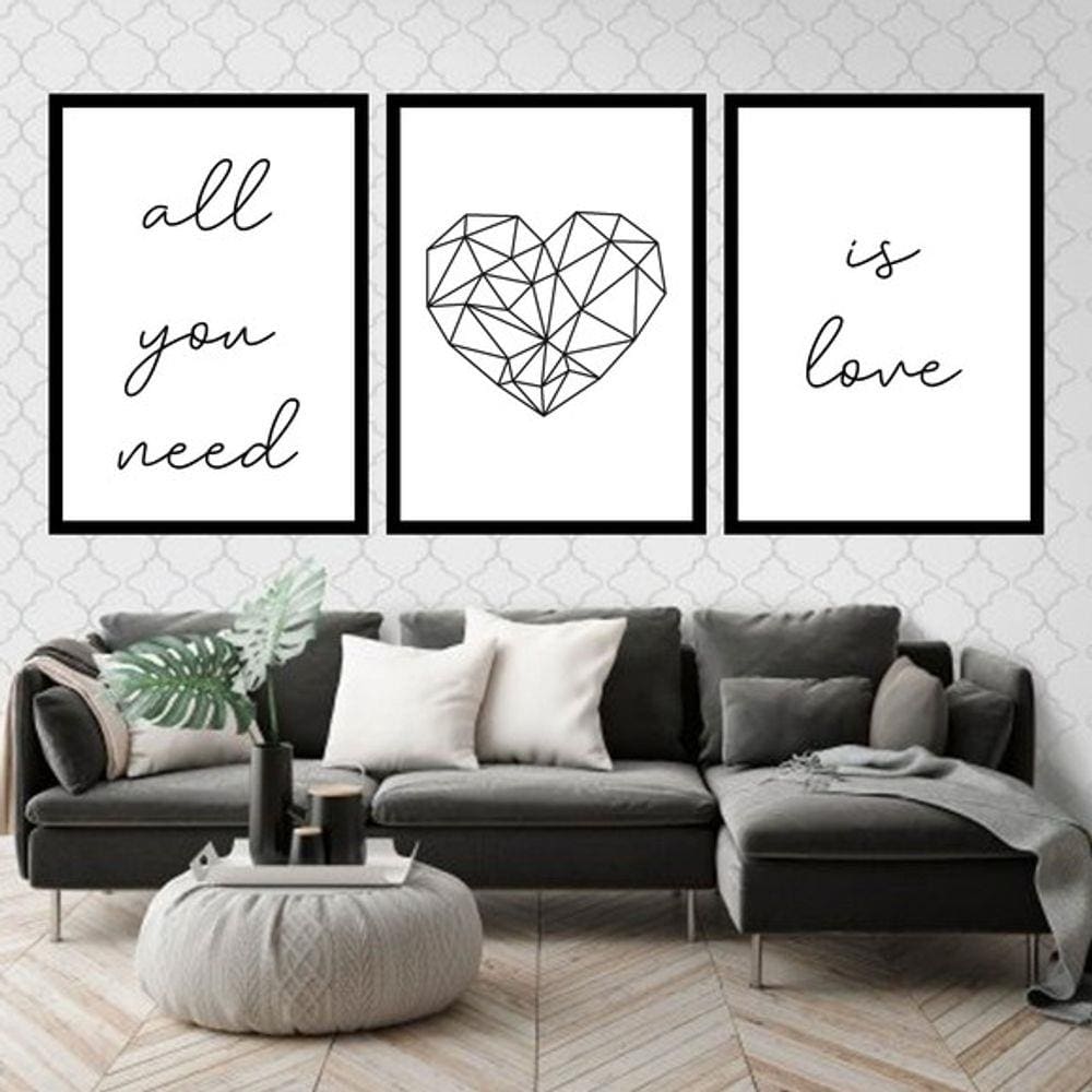 Kit 3 Quadros Decorativos All You Need Is Love Coração