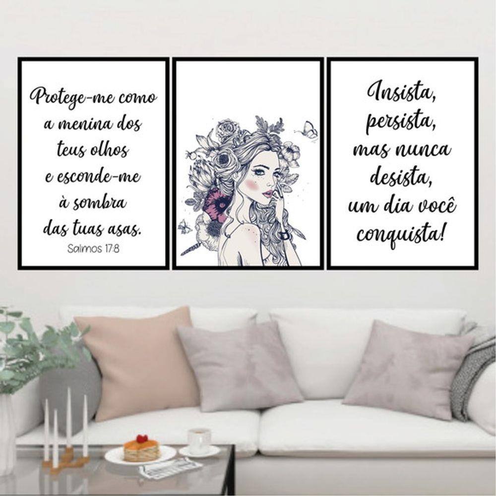 Kit 3 Quadros Decorativos Salmo17:8 Protege-me Senhor