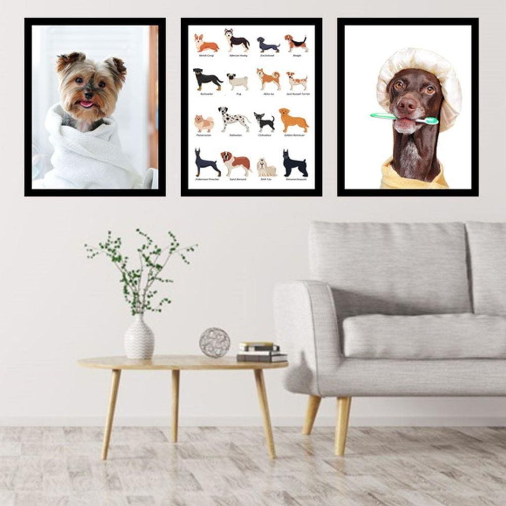 Kit 3 Quadros Decorativos Cachorros - Pet Shop