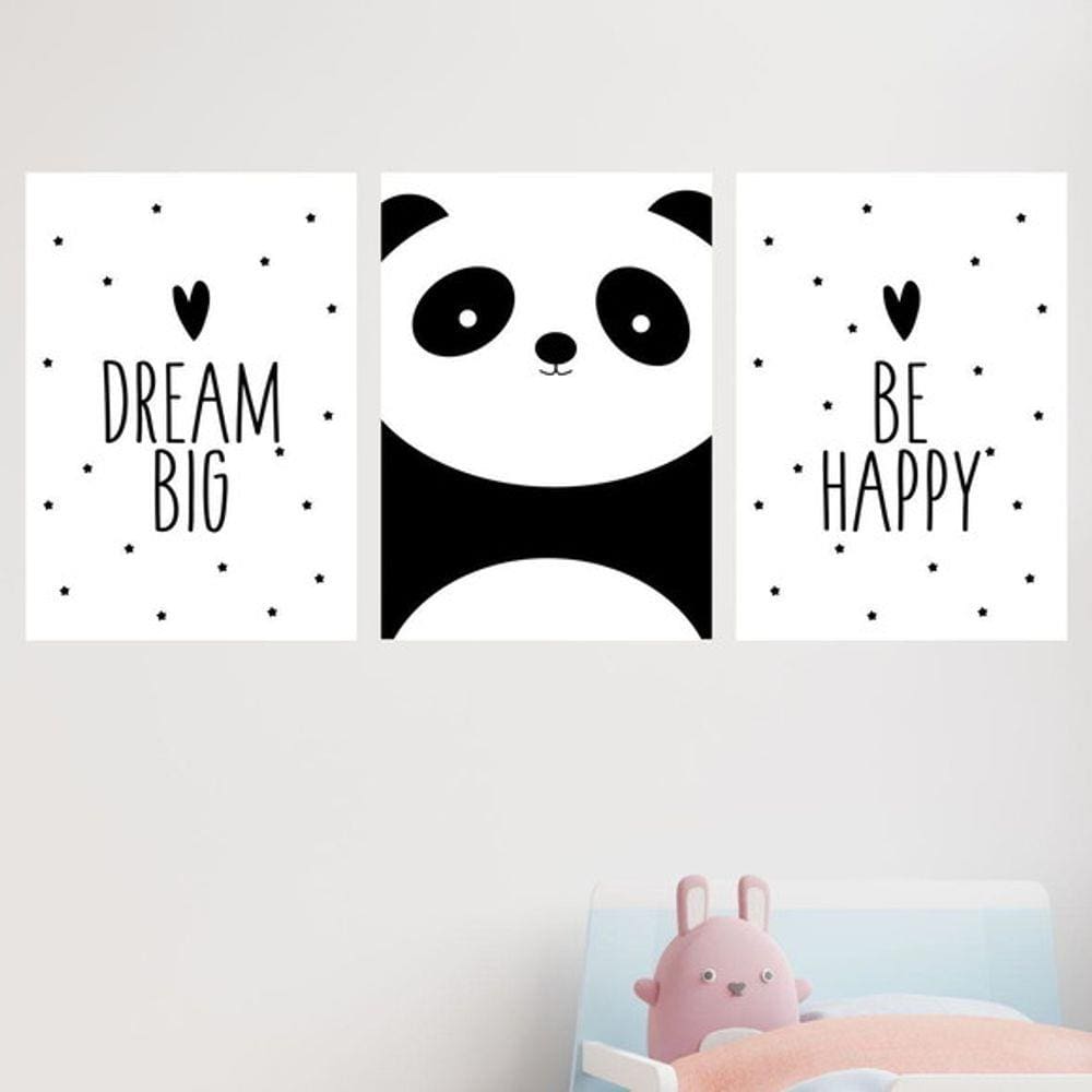 Kit 3 Quadros Decorativos Panda - Dream Big - Be Happy