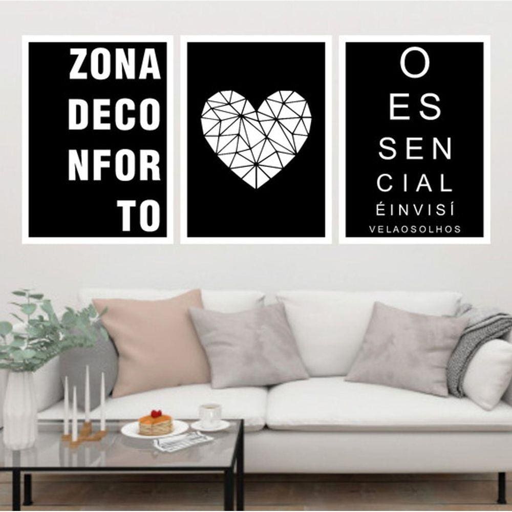 Kit 3 Quadros Decorativos Zona de Conforto - Coração