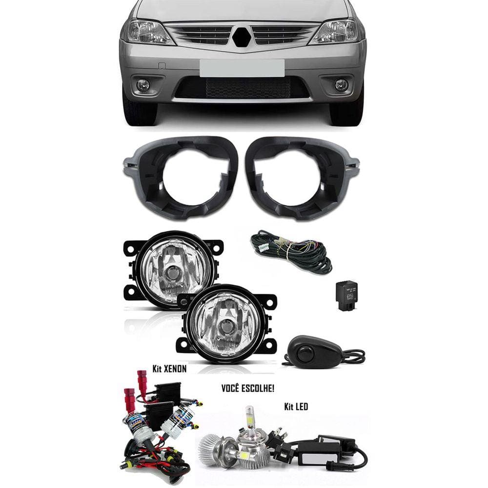 Kit Farol de Milha Neblina Renault Logan 2007 2008 2009 2010 + Kit Xenon 6000K 8000K ou Kit Lâmpada Super LED 6000K
