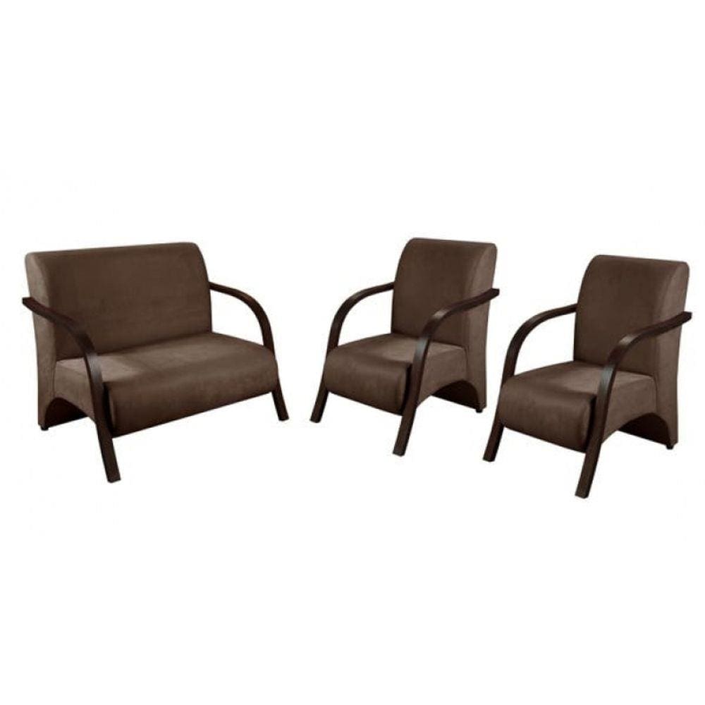 Conjunto Poltronas Venus Braços em Madeira 1 Namoradeira 2 de um Lugar Suede