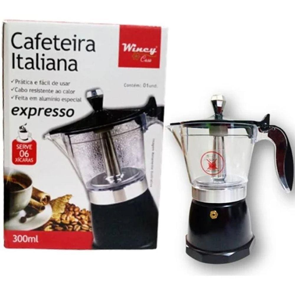 Cafeteira Italiana Aluminio Acrilico 6 Xicaras Wincy Preta