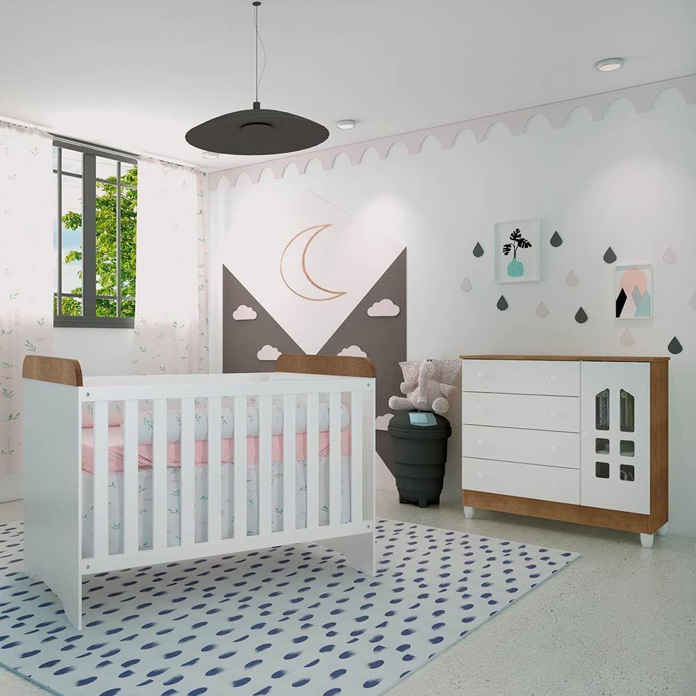 Quarto de Bebê Cômoda 4 Gavetas com Porta Selena Berço 3 em 1 Gabrielle Br Amadeirado Carolina Baby