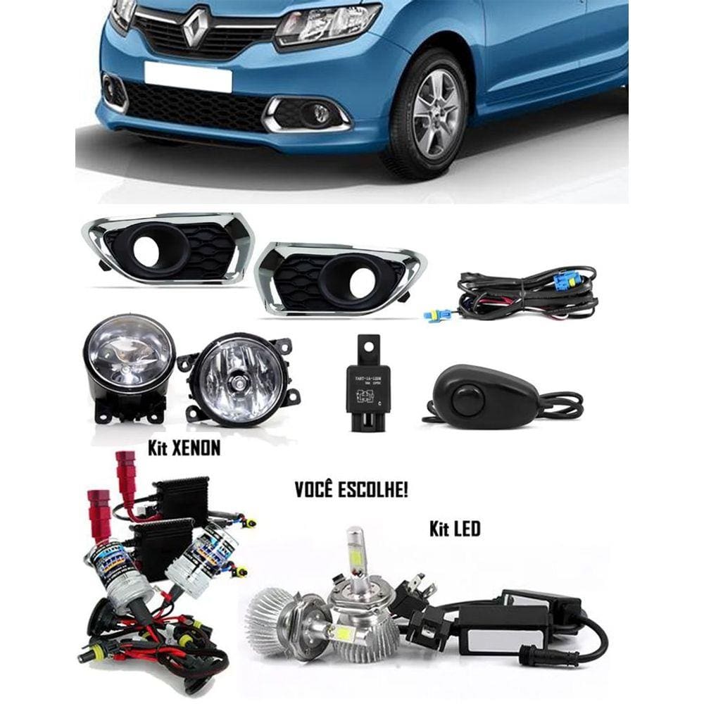 Kit Farol de Milha Neblina Renault Sandero 2015 2016 2017 Interruptor Alternativo + Kit Xenon 6000K 8000K ou Kit Lâmpada Super LED 6000K