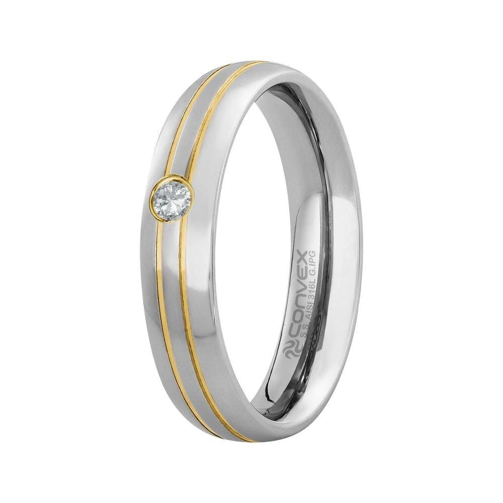 Aliança Aço Lisboa 5mm com Filete Central Duplo Gold IPG e Zircônia