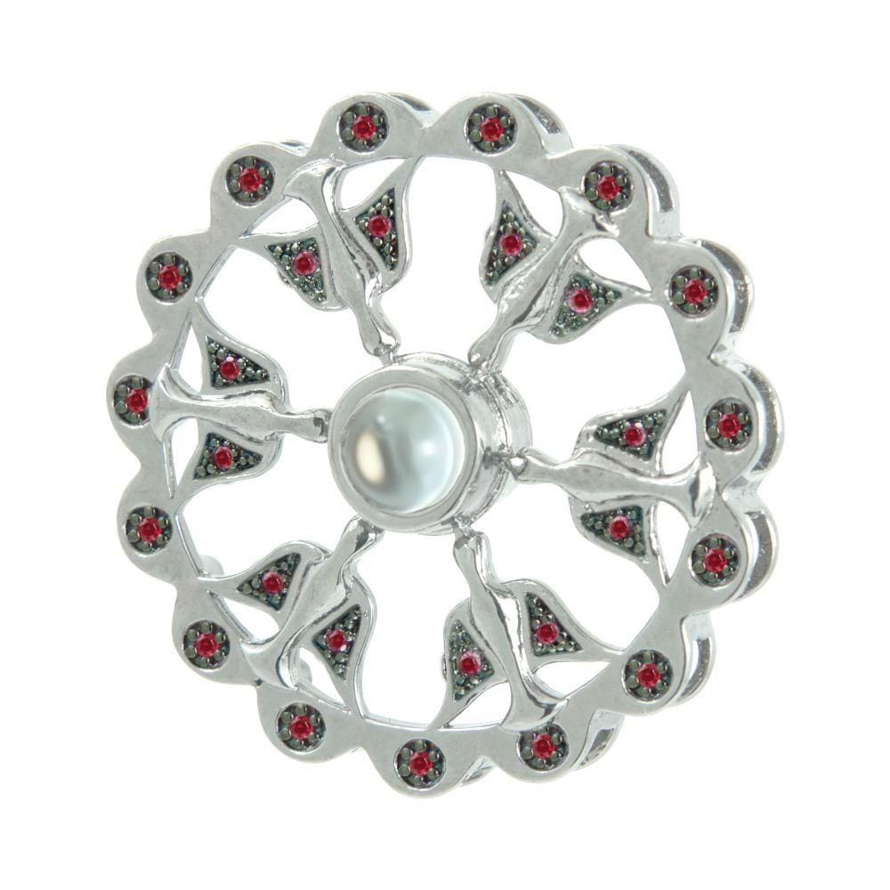 Pingente Prata c/ Ródio Neo Crystal 6 Espirito Santo com Zircônias Vermelhas 30mm com Oração