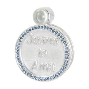 Pingente Prata c/ Ródio Neo Crystal Círculo Jesus Te Ama com Zircônia 28x22mm