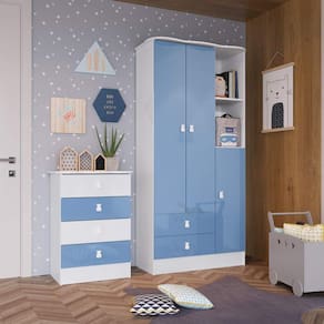 Conjunto Quarto de Bebê com Guarda Roupa e Cômoda Kid Espresso Móveis Azul/Branco