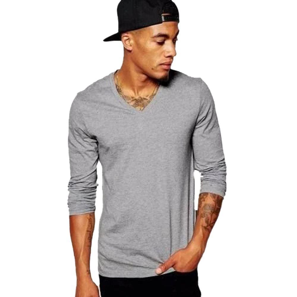 Camiseta Manga Longa Lisa Gola V Cinza