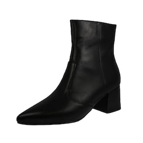 Bota Couro Legítimo Salto Baixo Grosso Cano Curto Bico Fino Luiza Sobreira Preto Mod. 2080