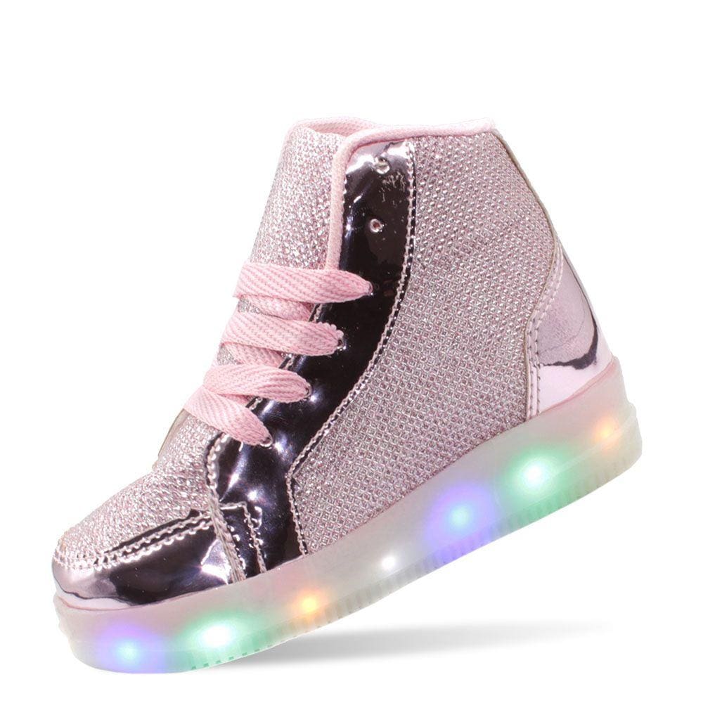 Tênis Botinha Cano Medio Luzes de Led Meninas Glitter Espelhado Rosa