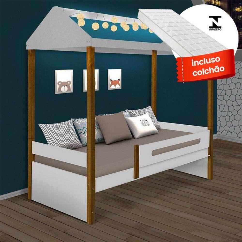 Cama De Solteiro Casinha Com LED E Colchão Branco Mel - Branco