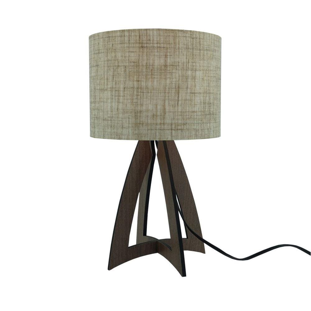 Abajur Base Madeira Marrom e Cúpula Tecido Linho Pequeno