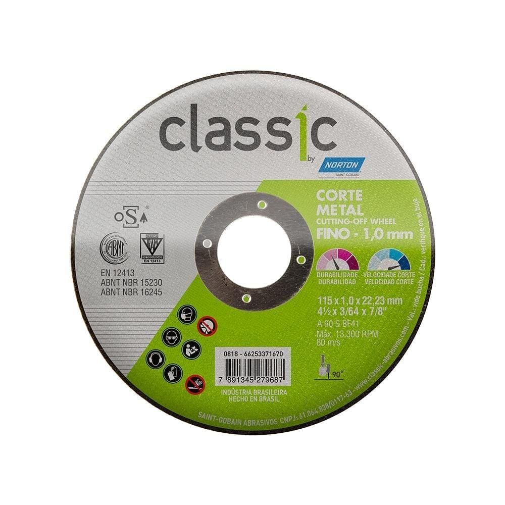 Disco de Corte Norton 4.1/2 AR102 Classic 115x1.6x22.23mm Embalagem com 25 Unidades