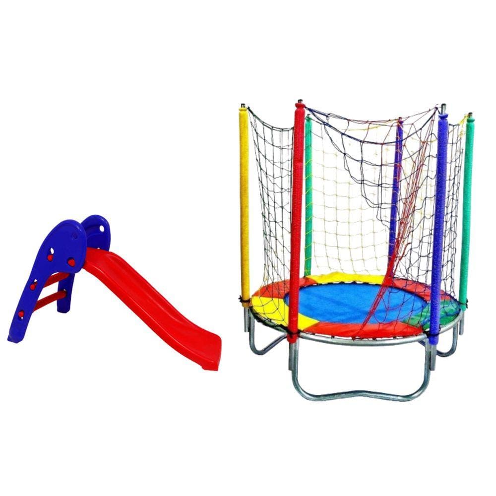 Kit Azul Cama Elástica 1,40m + Escorregador Baby 2 Degraus