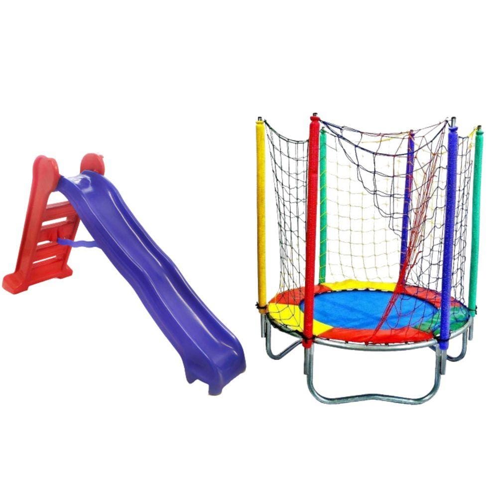 Kit Azul Cama Elástica 1,40m + Escorregador Grande 4 Degraus
