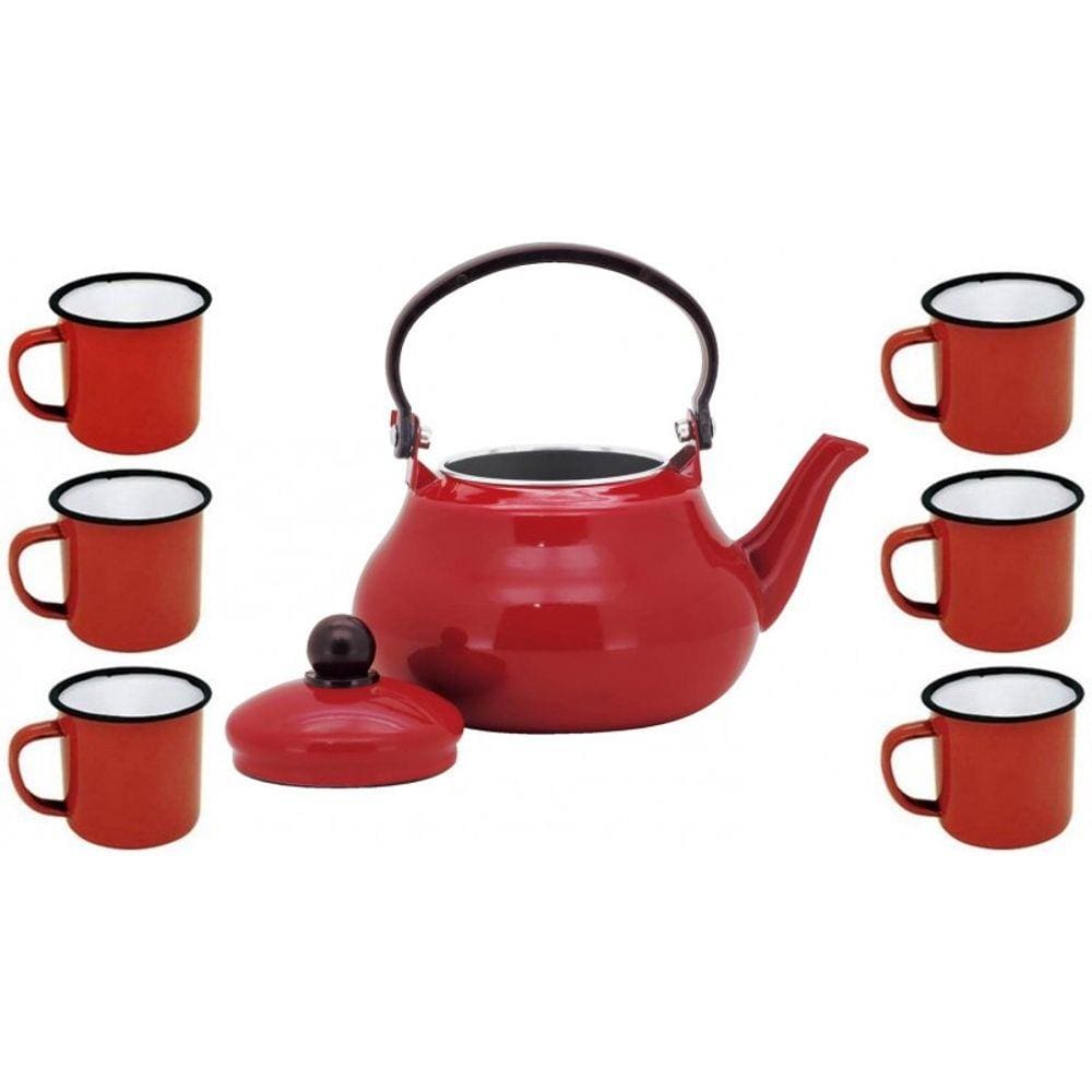 Conjunto Esmaltado Chaleira Tradicional Vermelho 1500ml com 6 Mini Canecas - Yazi