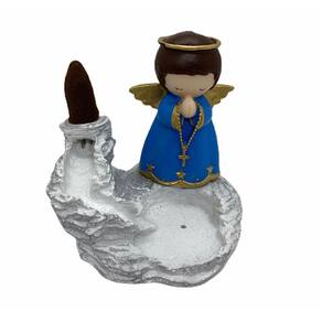 Incensário Cascata Branca com Anjo Azul em Resina 12 cm