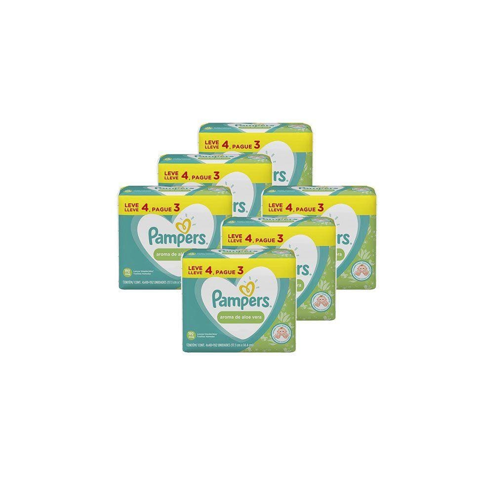 6 Pacotes Lenço Umedecido Pampers Aloe Vera 192 Unidades em Cada (Total 1152 unidades)