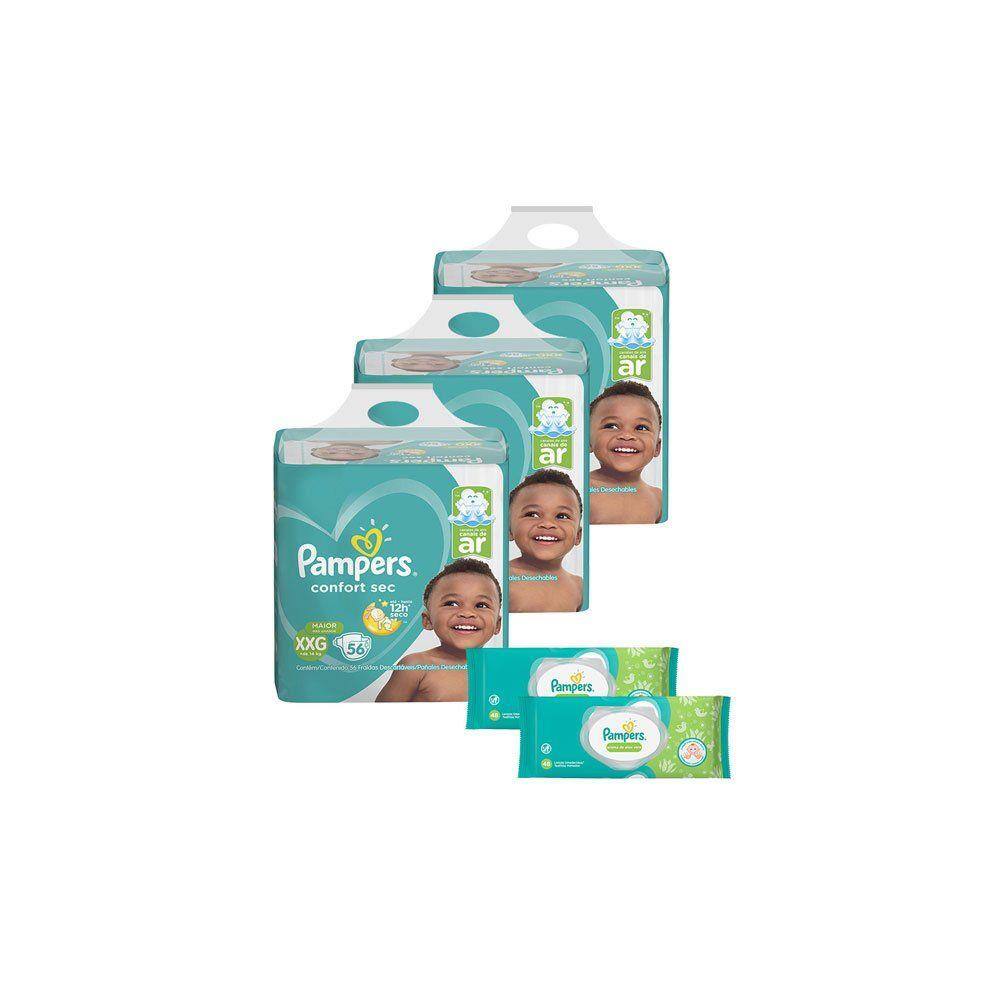 Fralda Pampers XXG Confort Sec Super 168 Unidades + Lenço Umedecido Pampers Aloevera 96 Unidades