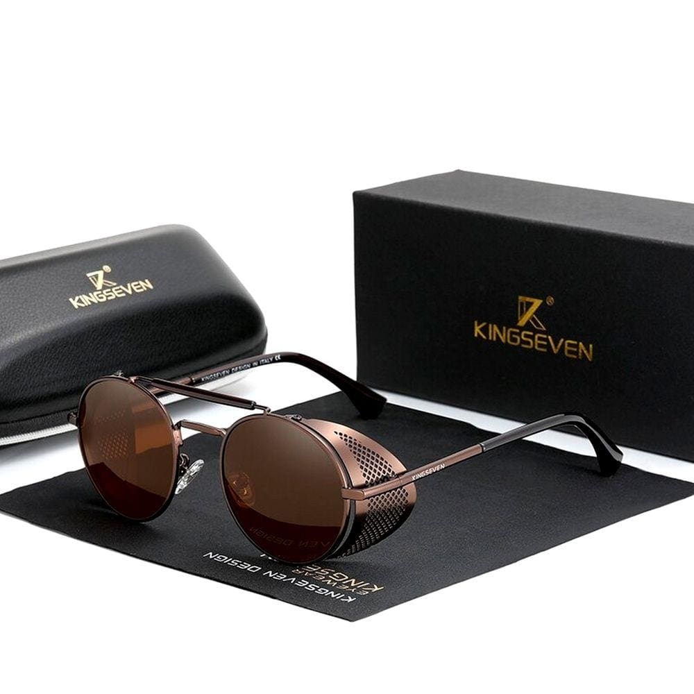 Óculos de Sol Masculino Redondo Steampunk Kingseven Proteção Polarizados UV400 Anti-Reflexo