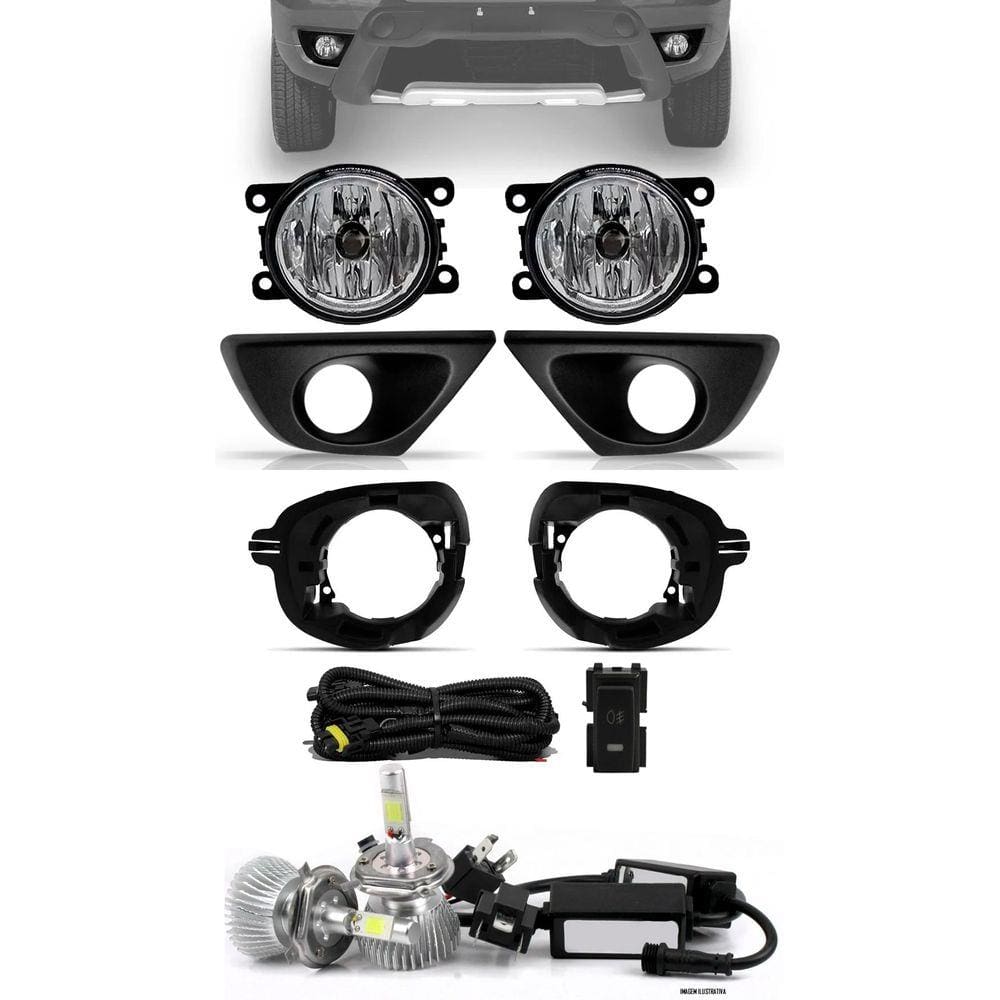 Kit Farol de Milha  Renault Duster 2015 á 2019 + Moldura e Base Para Fixação - Botão Painel + Kit Lâmpada Super LED 6000K
