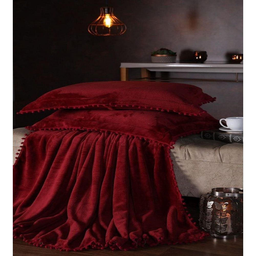 Manta Fleece Plush Pesado Com Pompom Queen 3 Peças Vermelho