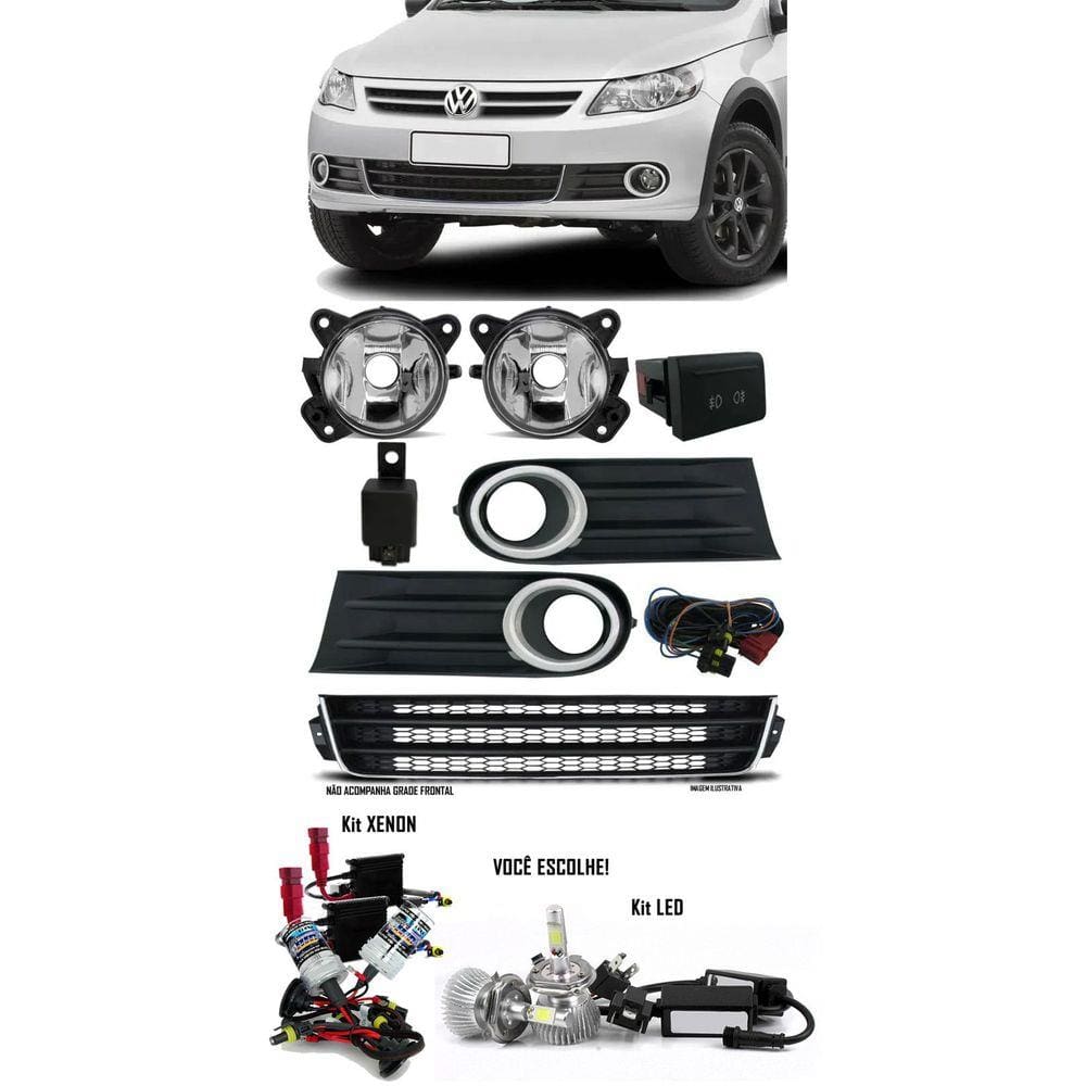 Kit Farol de Milha Neblina Vw Gol Voyage Saveiro G5 2009 à 2013 + Friso da Grade + Kit Xenon 6000K 8000K ou Kit Lâmpada Super LED 6000K