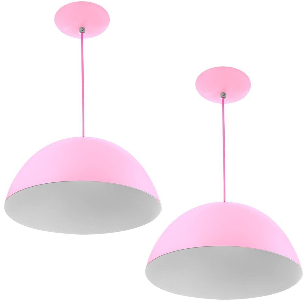 Kit 2 Lustre Pendente Meia Lua 30cm Alumínio Rosa Bebê