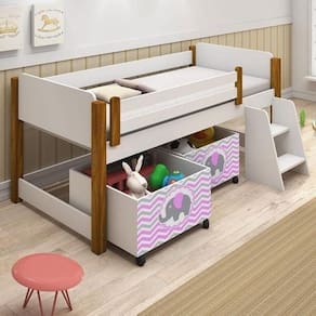Cama Naty Branco/Mel com 2 nichos adesivadas rosa e escadinha