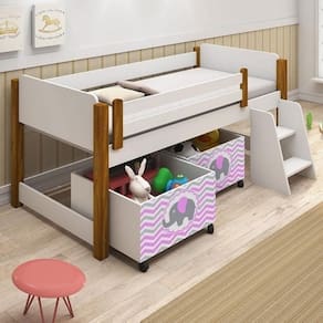 Cama Naty Branco/Mel com 2 nichos adesivadas rosa e escadinha