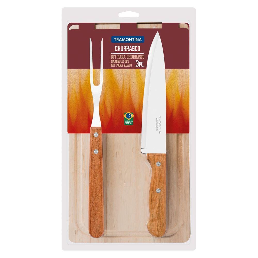 Kit para Churrasco Tramontina com Lâminas em Aço Inox e Cabos em Madeira Natural 3 Peças Tramontina