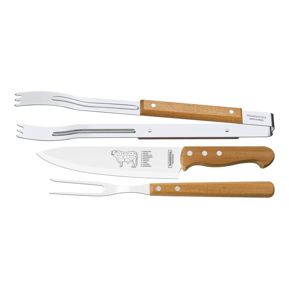 Jogo para Churrasco Tramontina com Lâminas em Aço Inox e Cabos de Madeira Natural 3 Peças Tramontina