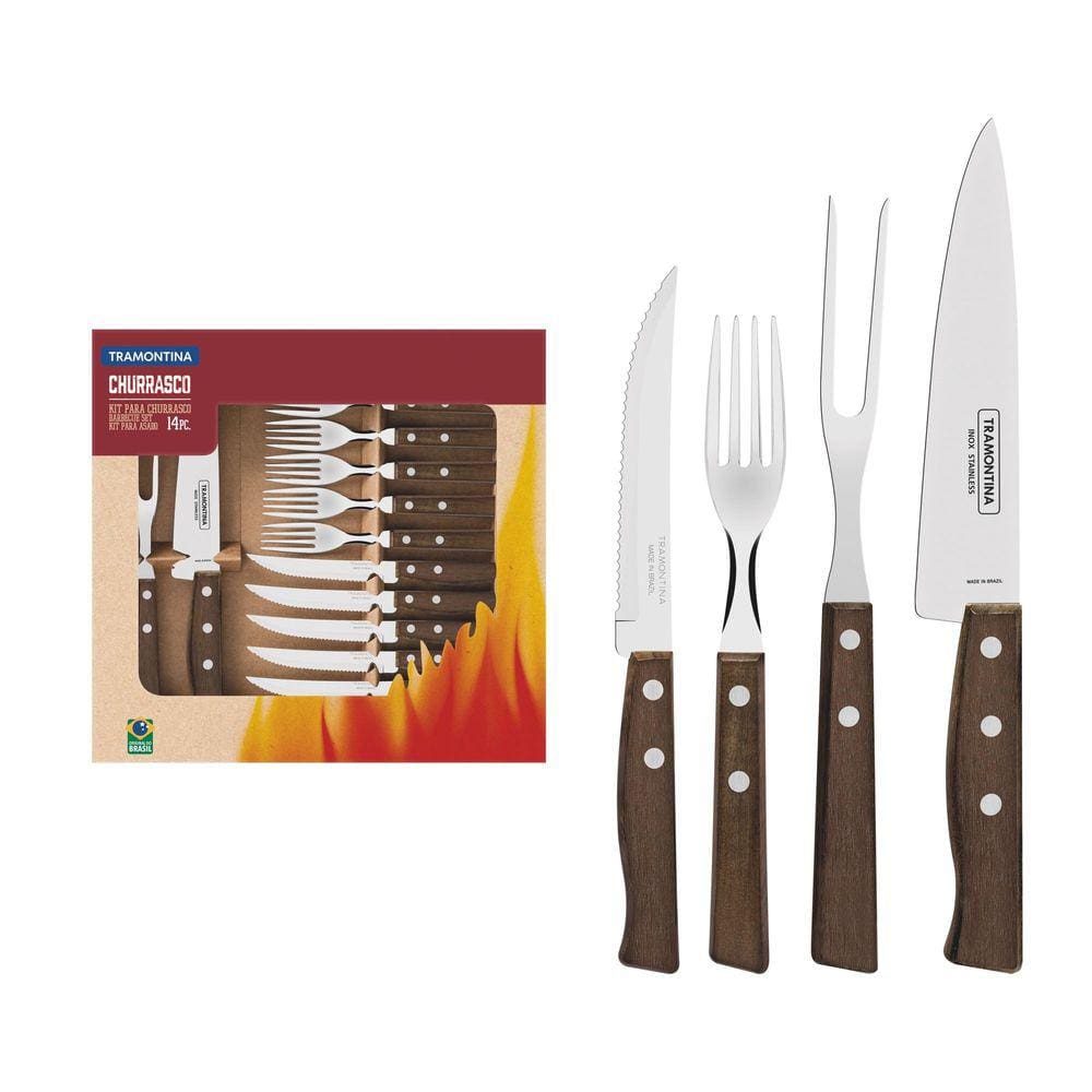 Jogo de Talheres para Churrasco Tramontina em Aço Inox com Cabo de Madeira Natural 14 Peças Tramontina