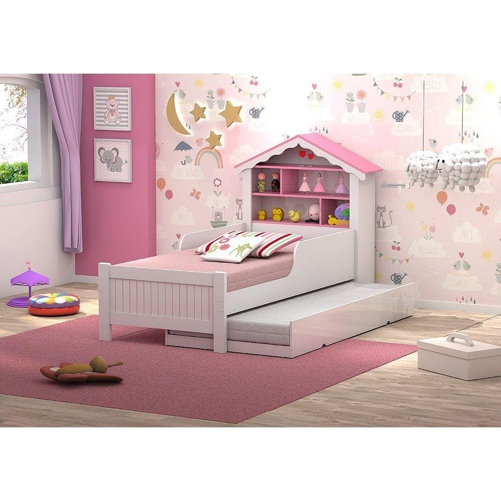 Cama Casinha de Boneca com cama auxiliar nichos e prateleira Rosa - Vitamov