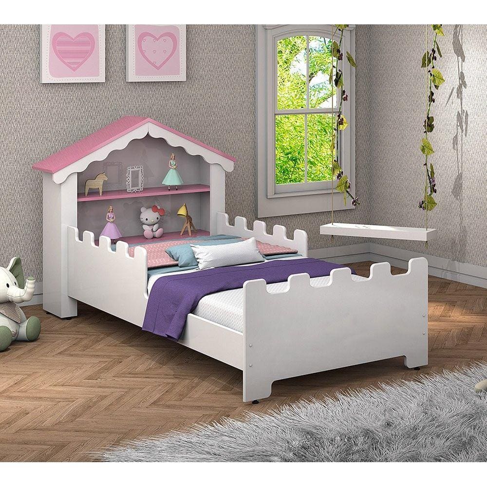 Cama Juvenil Princesa com prateleiras Branco/Rosa- Vitamov