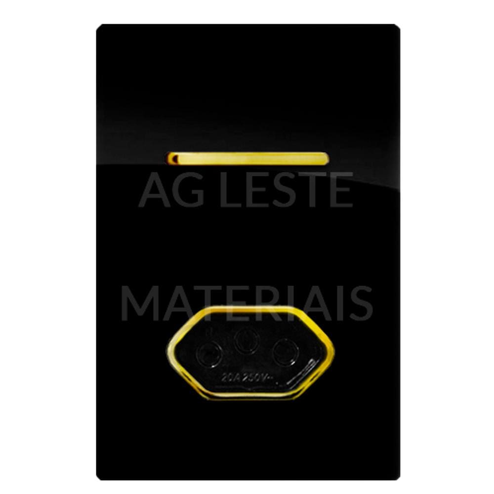 Cj Interruptor Simples + Tomada 10A Com Suporte 4X2 - Dicompel Novara Preto Brilhante Gold - Dnv1700/19Pbgd