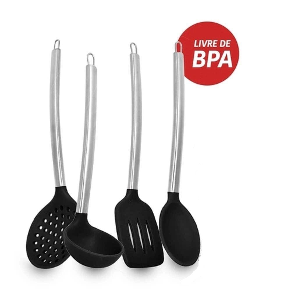 Kit Utensílios de Cozinha Silicone Cabo Metal 04 Peças Preto