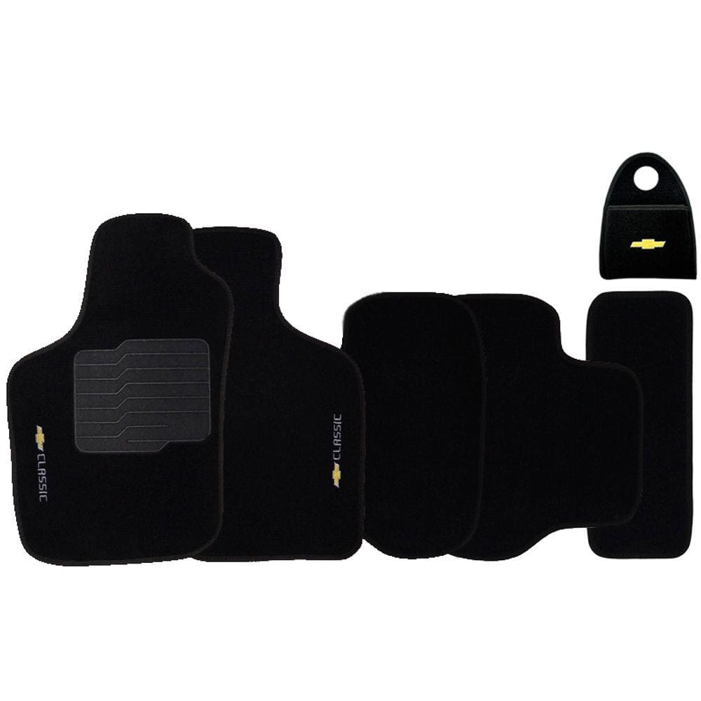 Jogo Tapete Automotivo Carpete + Lixeira Corsa Classic 2003 à 2015 Soft Logo Bordado Preto 6 Peças