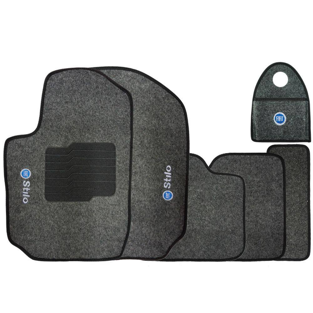 Jogo Tapete Automotivo Carpete + Lixeira Fiat Stilo 2002 à 2007 Soft Logo Bordado Grafite 6 Peças
