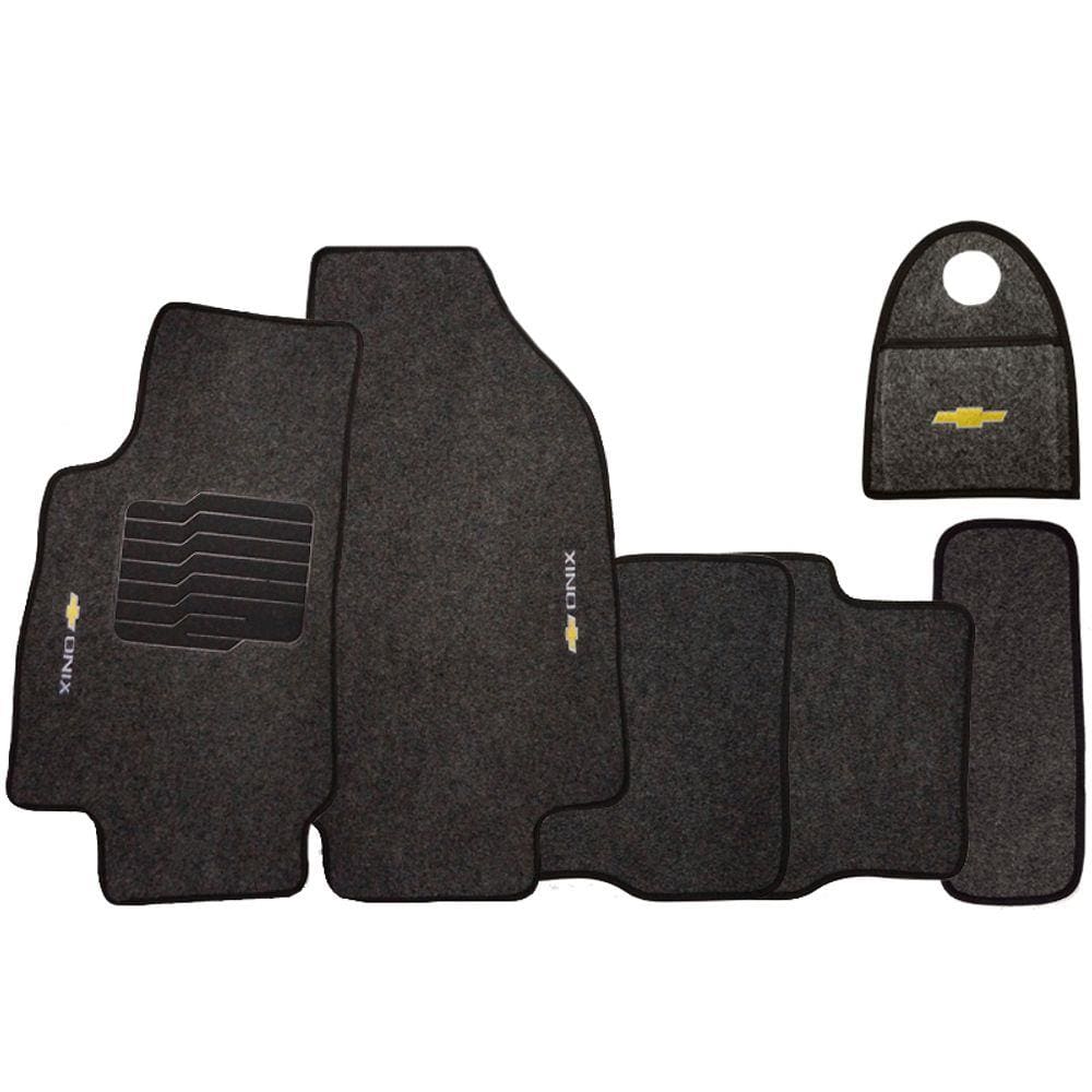 Jogo Tapete Automotivo Carpete + Lixeira Onix 2018 à 2019 Soft Logo Bordado Grafite 6 Peças