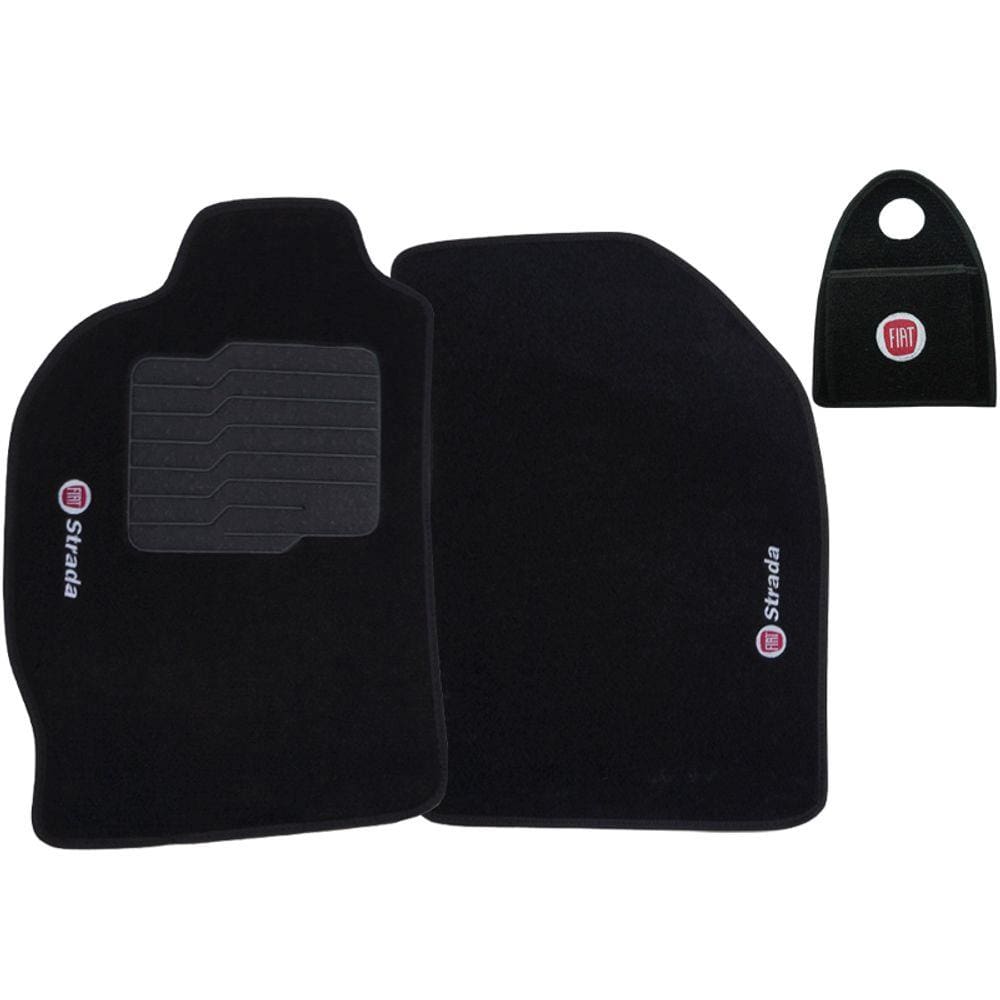Jogo Tapete Carpete + Lixeira Fiat Strada Cab. Simples 2007 à 2012 Soft Logo Bordado Preto 3 Peças