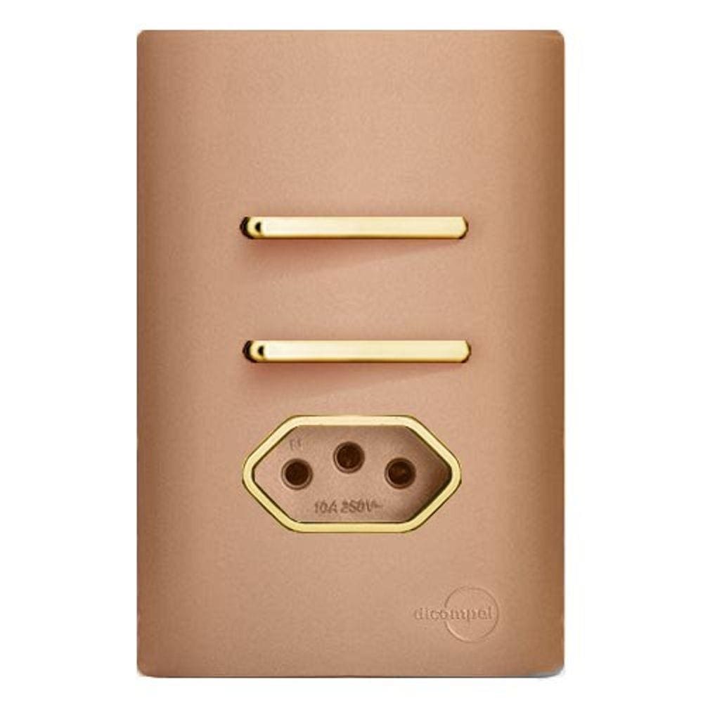 Cj Interruptor Duplo Simples + Tomada 10A Com Suporte 4X2 - Dicompel Novara Ouro Rose Gold - Dnv1500/23Orgd
